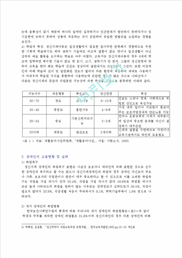 1000원]정신지체 장애인 고용실태와 직업재활 현황 및 문제점 개선방안 (정신지체 장애인의 고용활성화 방안 ).hwp